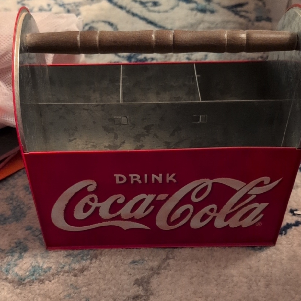 Coca-Cola Red Metal Tote with Wooden Grip